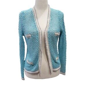 NWT macrame knit Leshop women's silver metallic tone sweater cardigan blue S/P